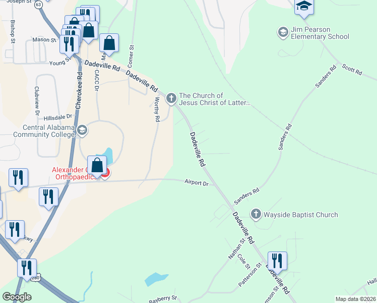 map of restaurants, bars, coffee shops, grocery stores, and more near 2136 Dadeville Road in Alexander City