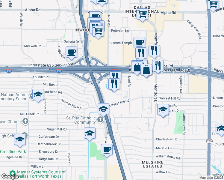map of restaurants, bars, coffee shops, grocery stores, and more near 5420 Lyndon B Johnson Freeway in Dallas