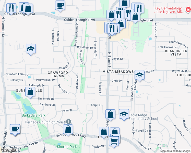 map of restaurants, bars, coffee shops, grocery stores, and more near 4333 Finch Lane in Fort Worth