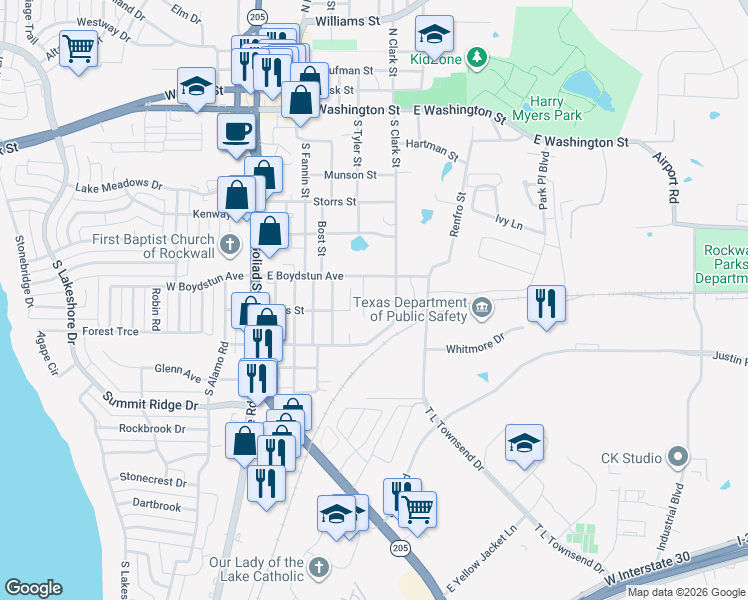 map of restaurants, bars, coffee shops, grocery stores, and more near 710 Sherman Street in Rockwall