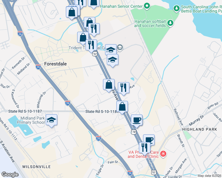 map of restaurants, bars, coffee shops, grocery stores, and more near 6935 Rivers Avenue in Charleston