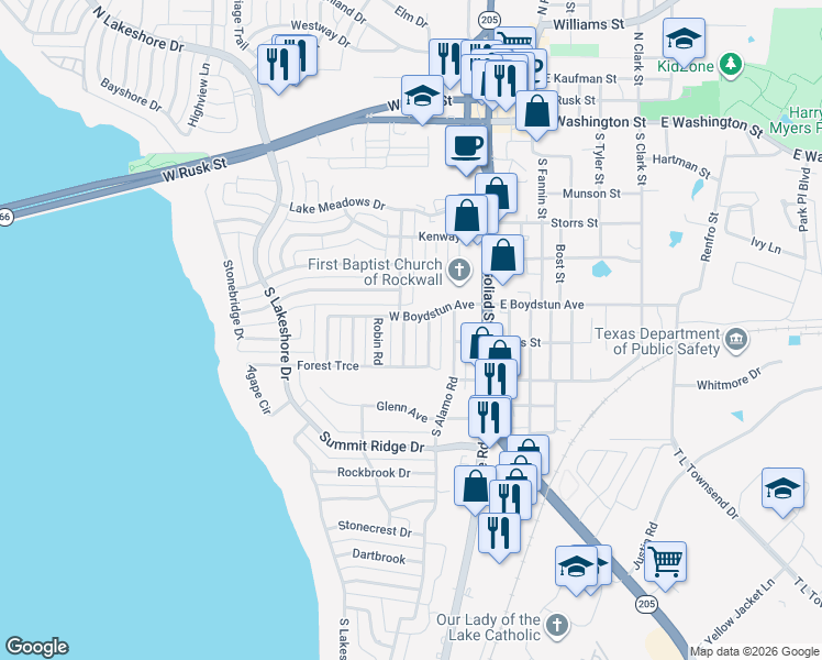 map of restaurants, bars, coffee shops, grocery stores, and more near 705 Ridgeview Dr in Rockwall