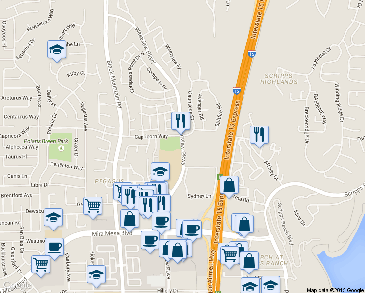 map of restaurants, bars, coffee shops, grocery stores, and more near 11235 Lee Way in San Diego
