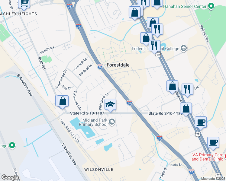 map of restaurants, bars, coffee shops, grocery stores, and more near 6977 Whitcomb Drive in North Charleston