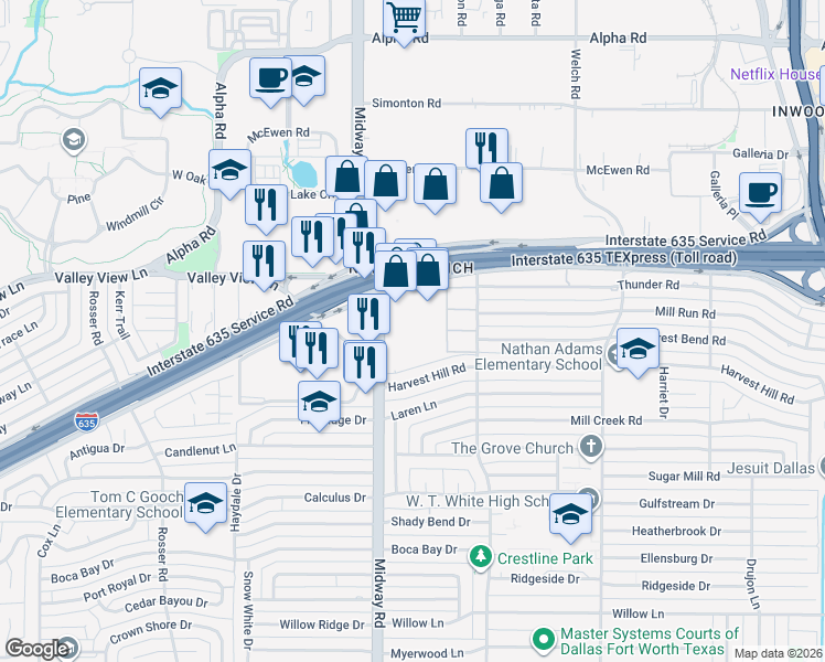map of restaurants, bars, coffee shops, grocery stores, and more near 4230 Lyndon B Johnson Freeway in Dallas
