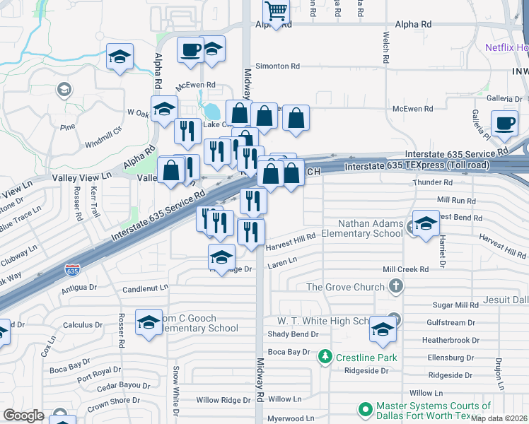 map of restaurants, bars, coffee shops, grocery stores, and more near 12801 Midway Road in Dallas