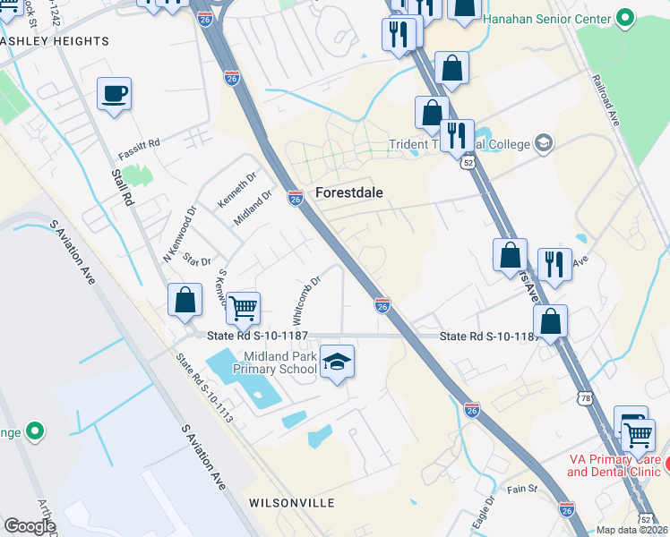 map of restaurants, bars, coffee shops, grocery stores, and more near 6977 Whitcomb Drive in North Charleston