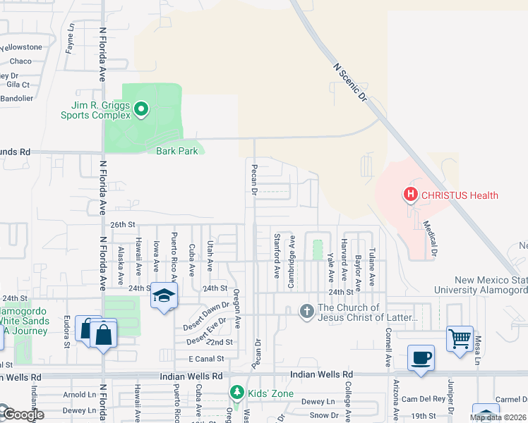 map of restaurants, bars, coffee shops, grocery stores, and more near 1509 American Way in Alamogordo