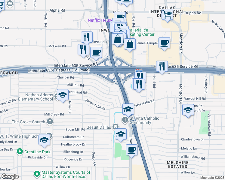 map of restaurants, bars, coffee shops, grocery stores, and more near 5032 Thunder Road in Dallas