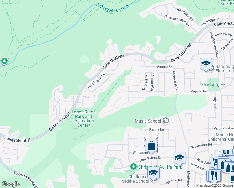 map of restaurants, bars, coffee shops, grocery stores, and more near 7415 Andasol Street in San Diego