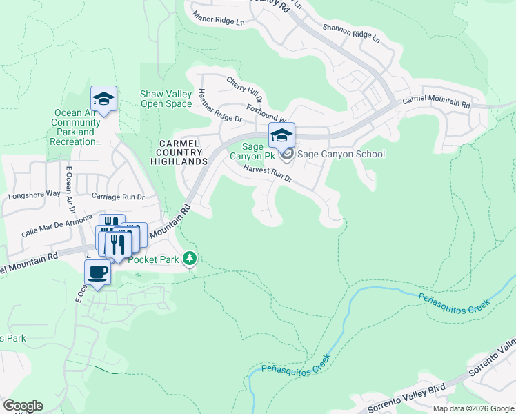map of restaurants, bars, coffee shops, grocery stores, and more near 5264 Raven Hill Point in San Diego