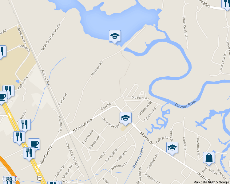map of restaurants, bars, coffee shops, grocery stores, and more near 1100 River Road in Hanahan