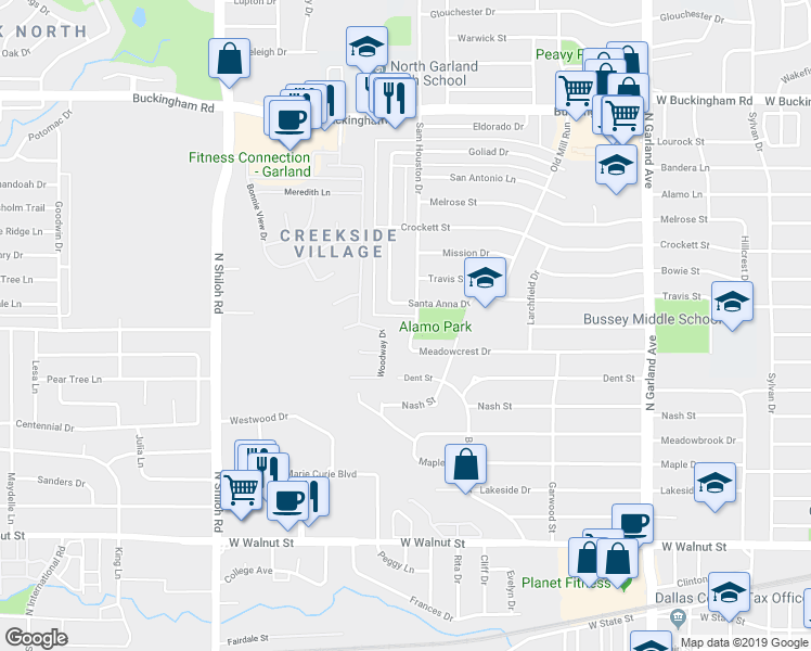 map of restaurants, bars, coffee shops, grocery stores, and more near 1126 Woodway Drive in Garland