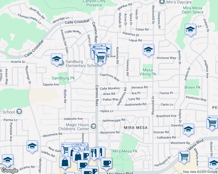 map of restaurants, bars, coffee shops, grocery stores, and more near 8430 Calle Morelos in San Diego