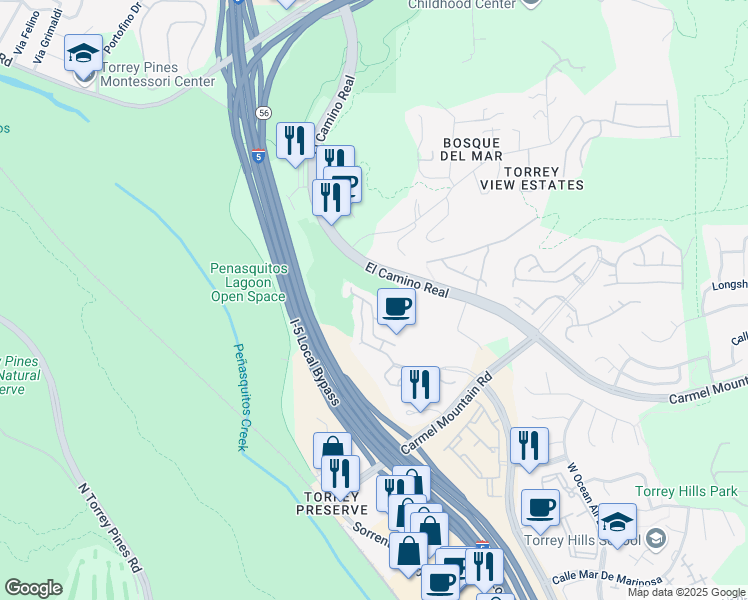 map of restaurants, bars, coffee shops, grocery stores, and more near 3636 Torrey View Court in San Diego