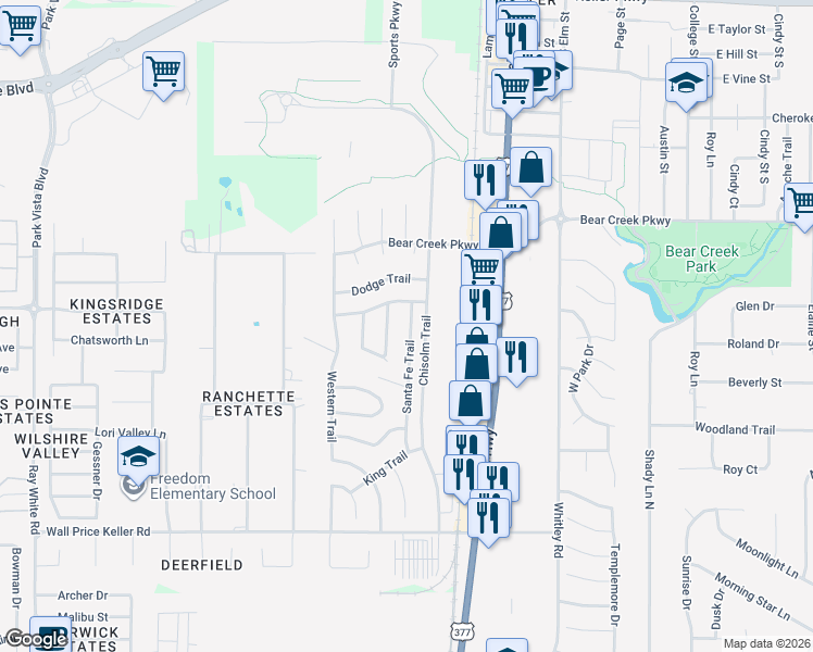map of restaurants, bars, coffee shops, grocery stores, and more near 752 Santa Fe Trail in Keller