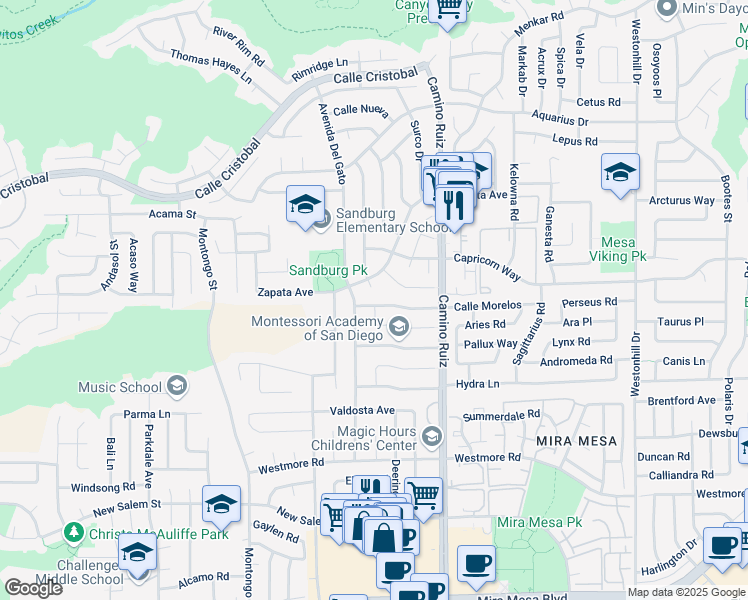 map of restaurants, bars, coffee shops, grocery stores, and more near 8190 Calle Morelos in San Diego