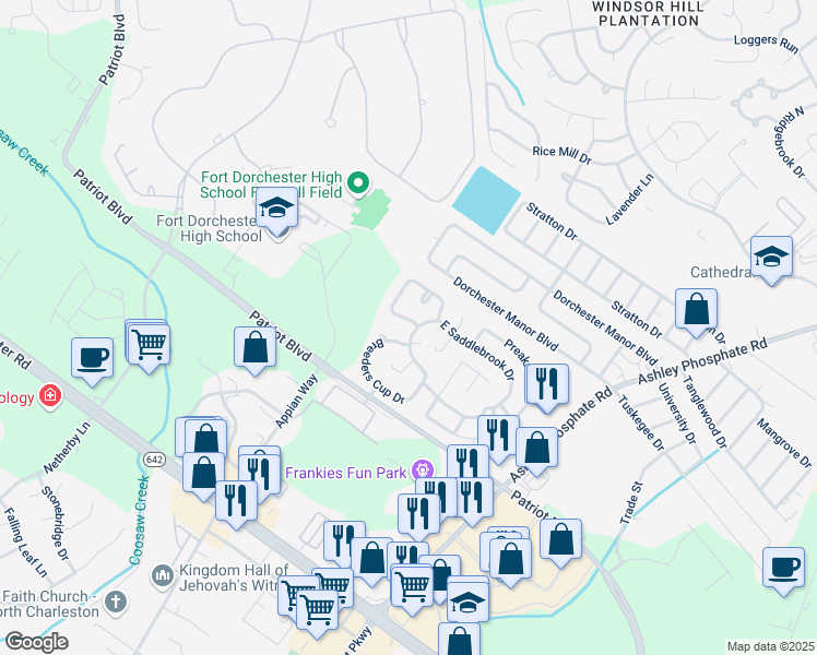 map of restaurants, bars, coffee shops, grocery stores, and more near 4724 Thoroughbred Drive in North Charleston