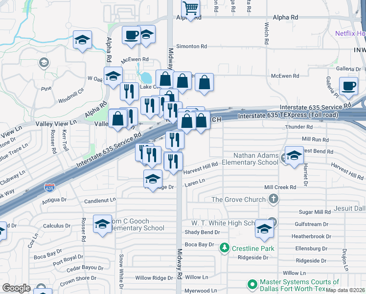 map of restaurants, bars, coffee shops, grocery stores, and more near 12801 Midway Road in Dallas