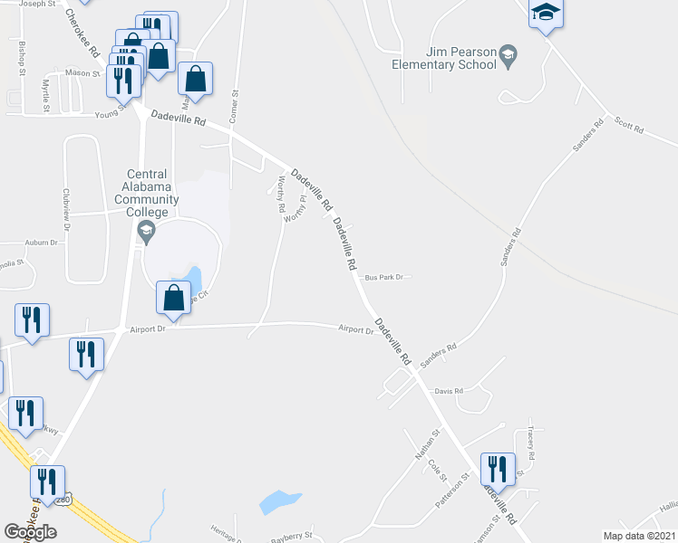map of restaurants, bars, coffee shops, grocery stores, and more near 2136 Dadeville Road in Alexander City