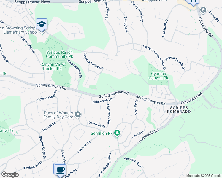 map of restaurants, bars, coffee shops, grocery stores, and more near 11026 Elderwood Lane in San Diego