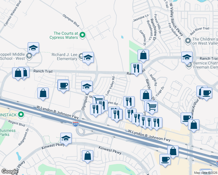 map of restaurants, bars, coffee shops, grocery stores, and more near 8701 Lohr Valley Rd in Irving