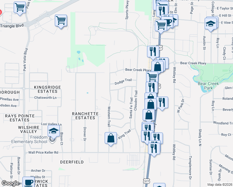 map of restaurants, bars, coffee shops, grocery stores, and more near 704 California Trail in Keller