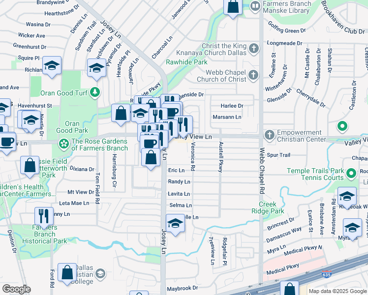 map of restaurants, bars, coffee shops, grocery stores, and more near 13100 Josey Lane in Farmers Branch