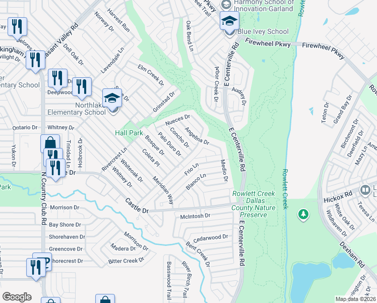 map of restaurants, bars, coffee shops, grocery stores, and more near 1926 Concho Drive in Garland