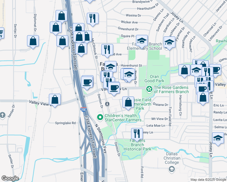 map of restaurants, bars, coffee shops, grocery stores, and more near 2518 Valley View Lane in Farmers Branch