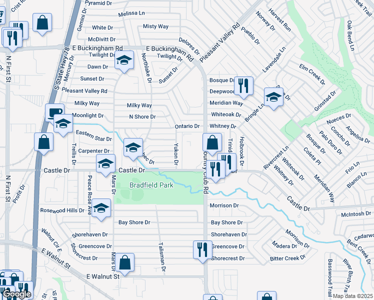 map of restaurants, bars, coffee shops, grocery stores, and more near 1217 Castle Drive in Garland