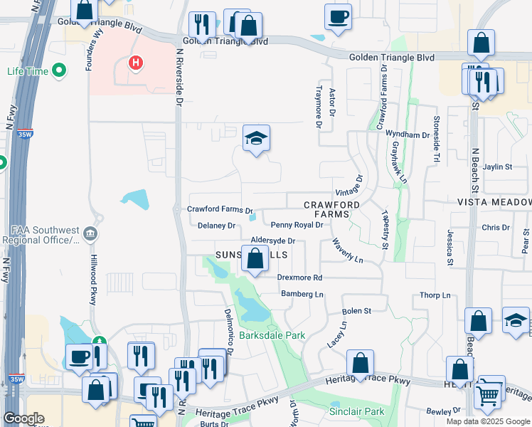 map of restaurants, bars, coffee shops, grocery stores, and more near 10100 Crawford Farms Drive in Fort Worth