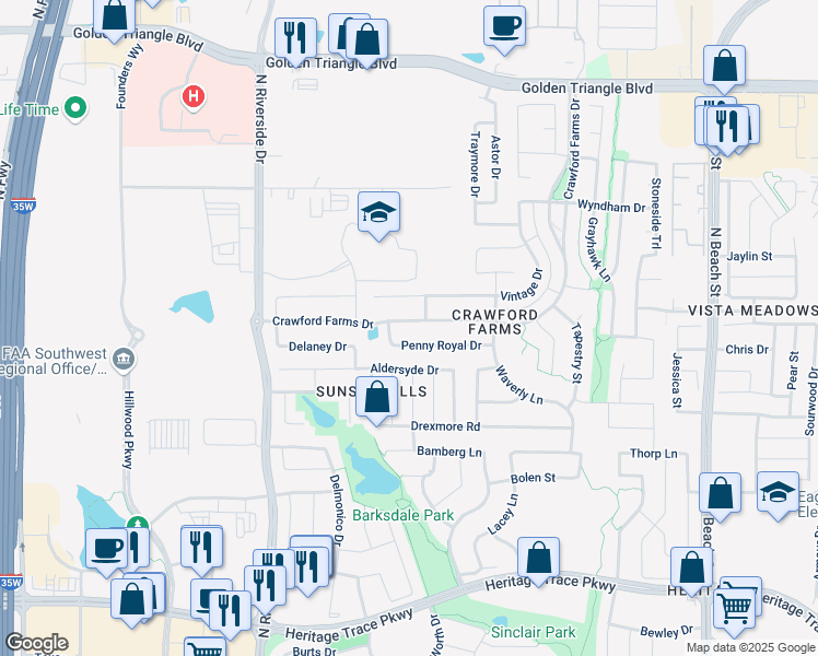map of restaurants, bars, coffee shops, grocery stores, and more near 10100 Crawford Farms Drive in Fort Worth