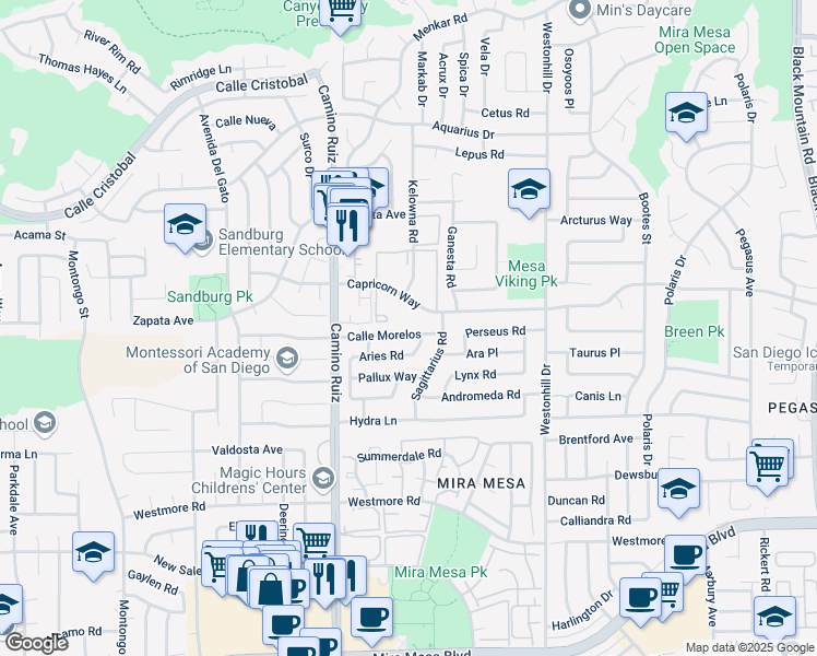map of restaurants, bars, coffee shops, grocery stores, and more near 8478 Calle Morelos in San Diego