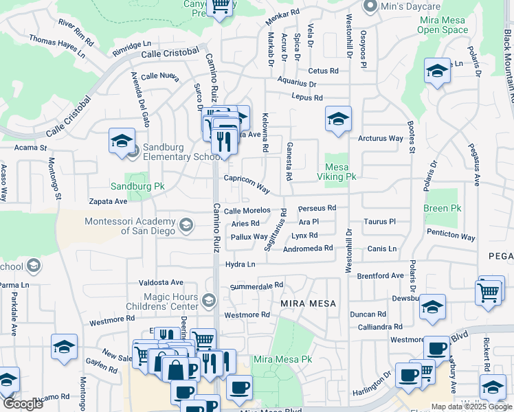 map of restaurants, bars, coffee shops, grocery stores, and more near 8468 Calle Morelos in San Diego