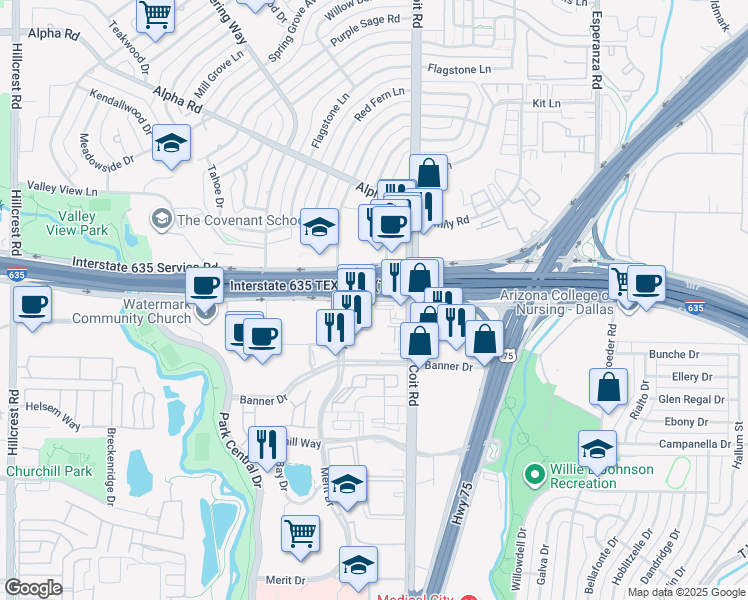 map of restaurants, bars, coffee shops, grocery stores, and more near 7904 Interstate 635 Service Road in Dallas