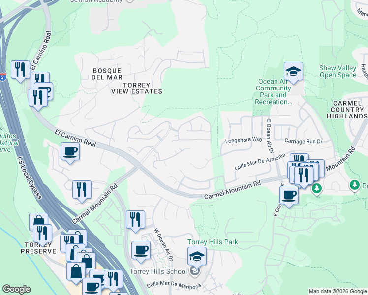 map of restaurants, bars, coffee shops, grocery stores, and more near 11359 Carmel Creek Road in San Diego