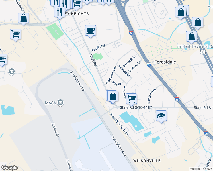 map of restaurants, bars, coffee shops, grocery stores, and more near 2698 North Kenwood Drive in North Charleston