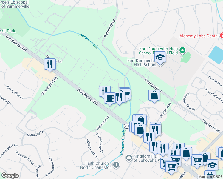 map of restaurants, bars, coffee shops, grocery stores, and more near 8604 Grassy Oak Trail in North Charleston