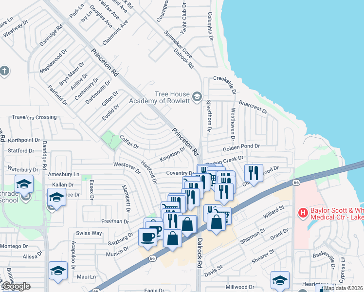 map of restaurants, bars, coffee shops, grocery stores, and more near 8301 Concord Drive in Rowlett