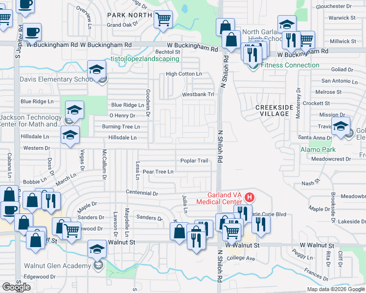 map of restaurants, bars, coffee shops, grocery stores, and more near 2629 Western Drive in Garland
