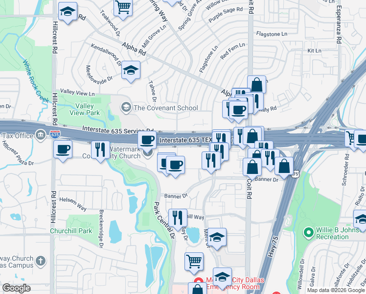 map of restaurants, bars, coffee shops, grocery stores, and more near 7642 Lyndon B Johnson Fwy in Dallas