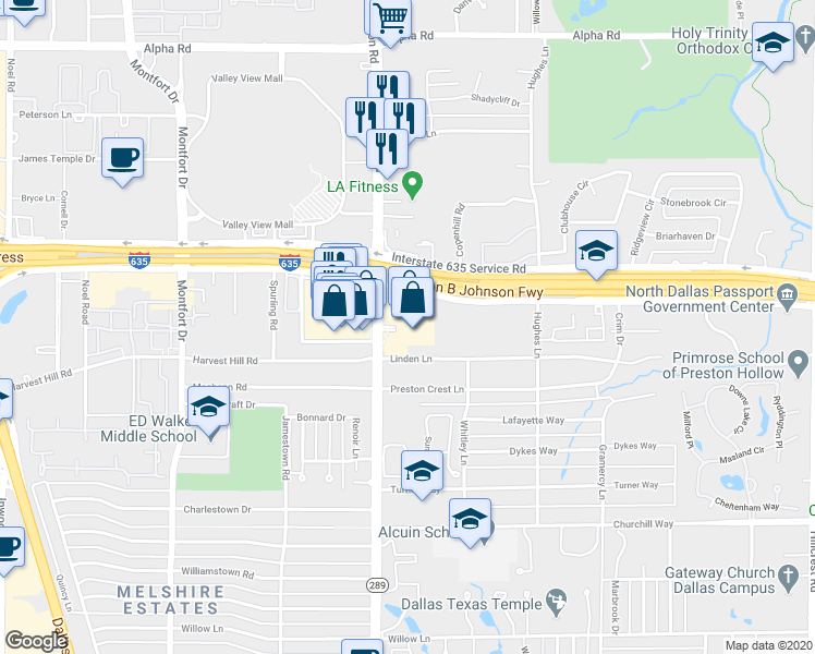map of restaurants, bars, coffee shops, grocery stores, and more near 12900 Preston Road in Dallas