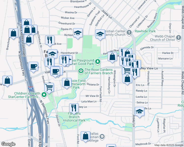 map of restaurants, bars, coffee shops, grocery stores, and more near 2618 Valley View Lane in Farmers Branch