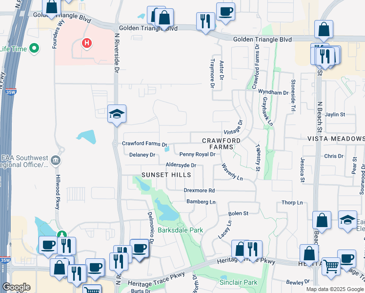 map of restaurants, bars, coffee shops, grocery stores, and more near 10100 Crawford Farms Drive in Fort Worth