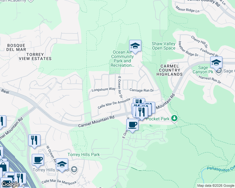 map of restaurants, bars, coffee shops, grocery stores, and more near 11313 Longshore Court in San Diego