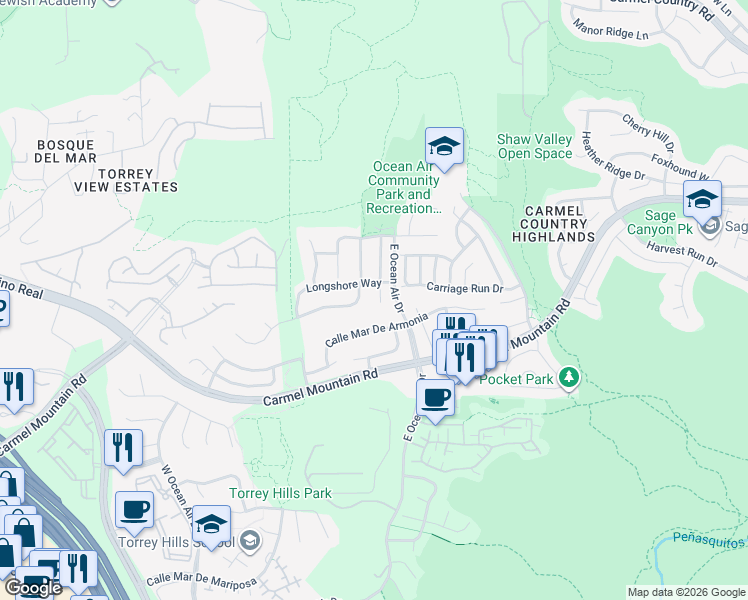map of restaurants, bars, coffee shops, grocery stores, and more near 11313 Longshore Court in San Diego