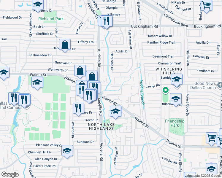 map of restaurants, bars, coffee shops, grocery stores, and more near 12920 Audelia Road in Dallas