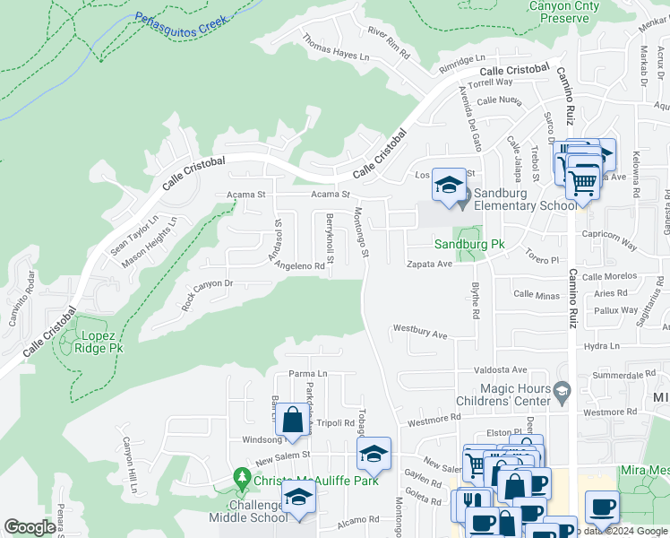 map of restaurants, bars, coffee shops, grocery stores, and more near 11115 Berryknoll Street in San Diego