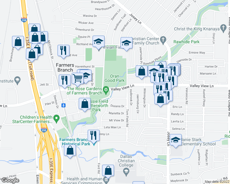 map of restaurants, bars, coffee shops, grocery stores, and more near 2618 Valley View Ln in Farmers Branch